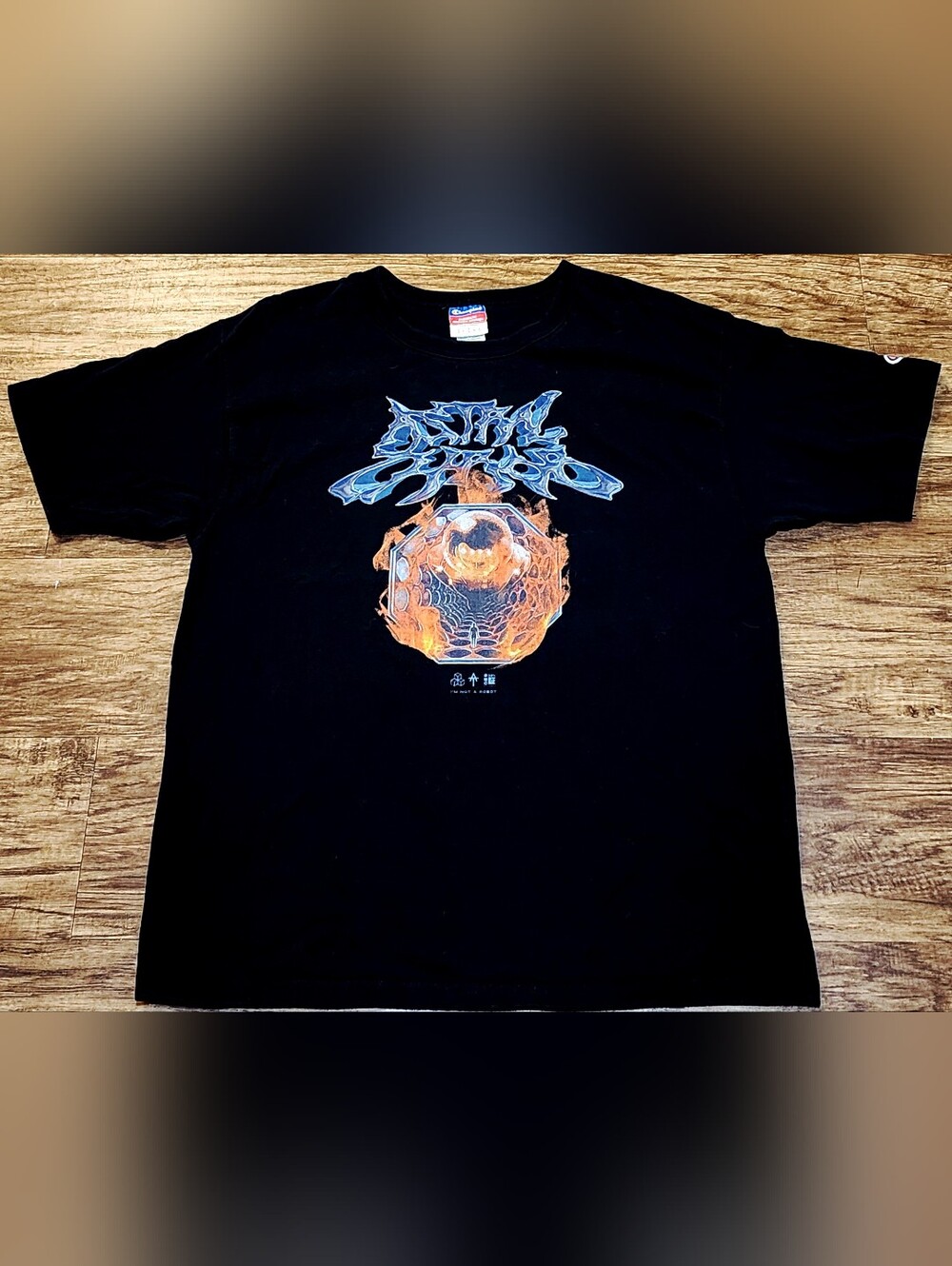 Astral Tee With Blue Script and Fiery Orange Orb - I'm Not a Robot